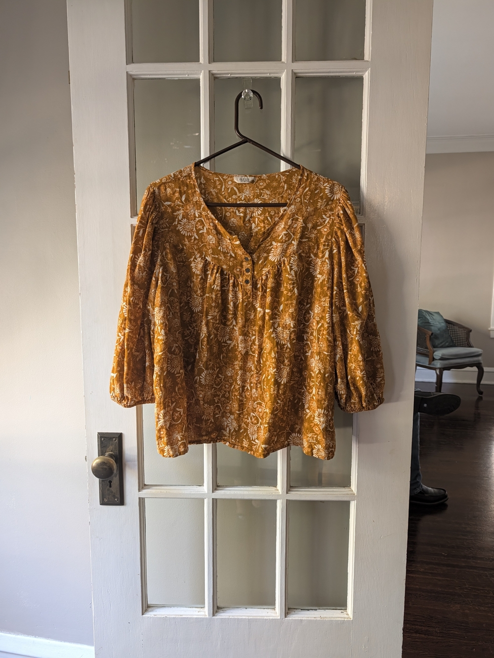 A.n.a Womens Gold Floral Balloon Sleeve Top Size XXL Button Front Fall Boho Chic